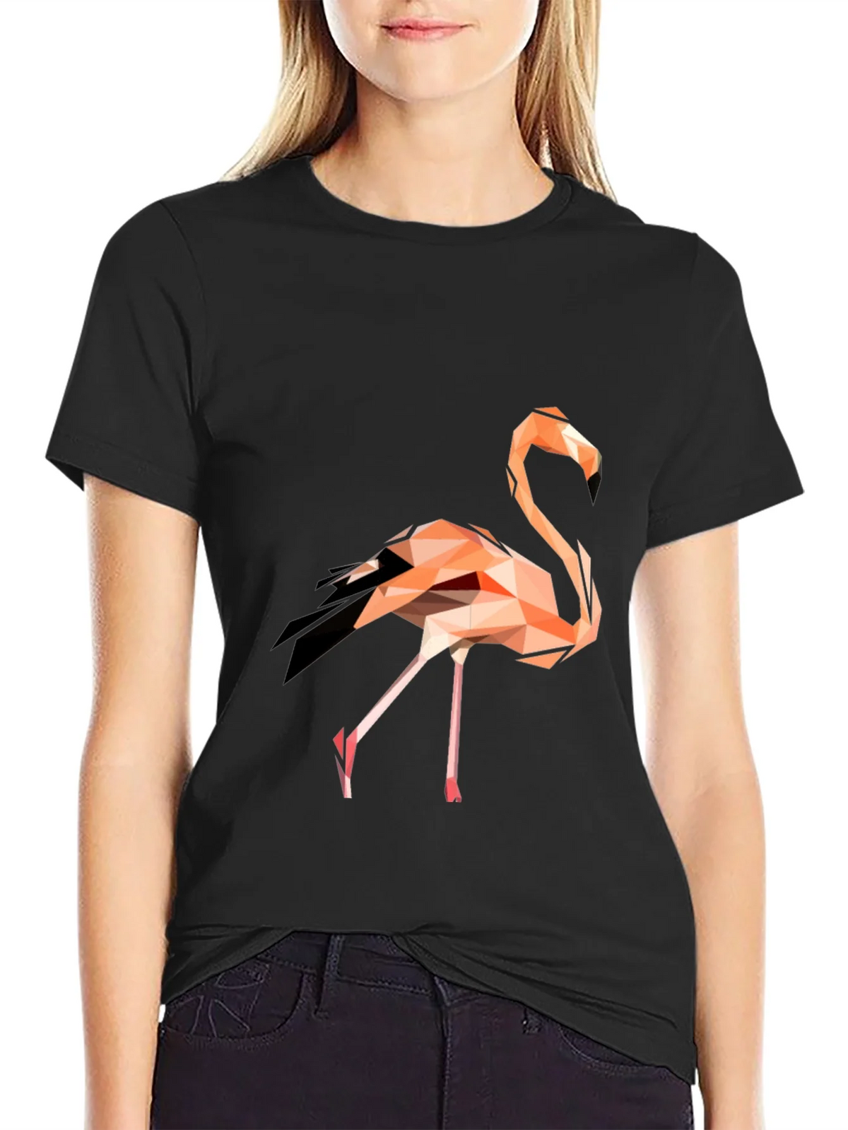 Geometric Flamingo Graphic Tee - Black Cotton Blend