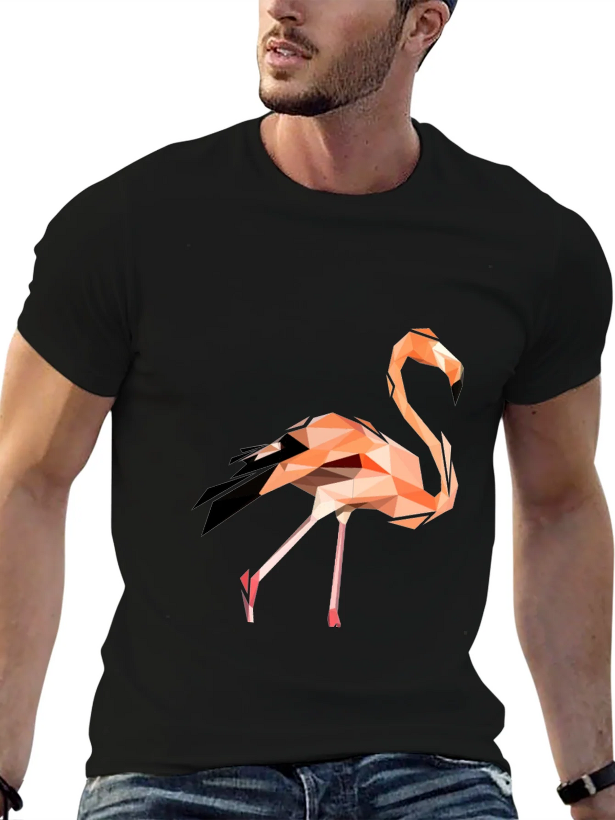 Geometric Flamingo Graphic Tee - Black Cotton Blend