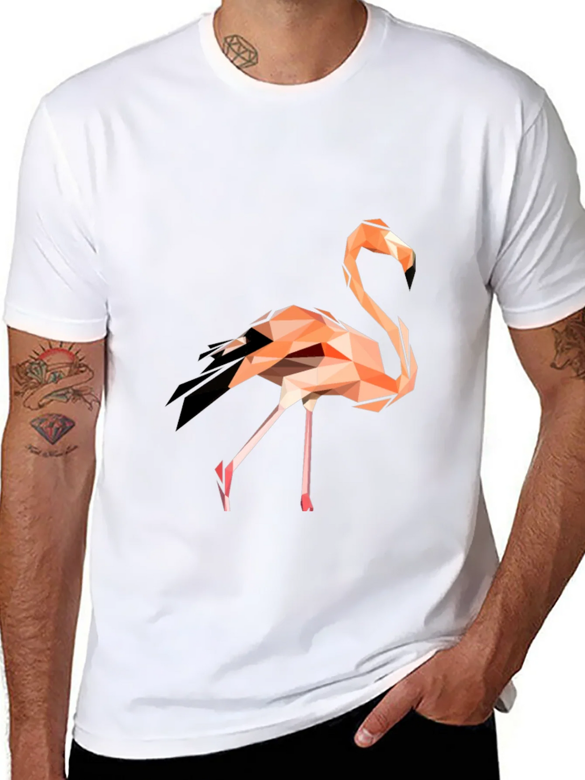 Geometric Flamingo Graphic Tee - Black Cotton Blend