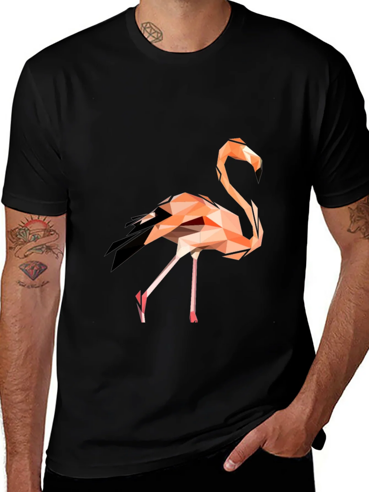 Geometric Flamingo Graphic Tee - Black Cotton Blend