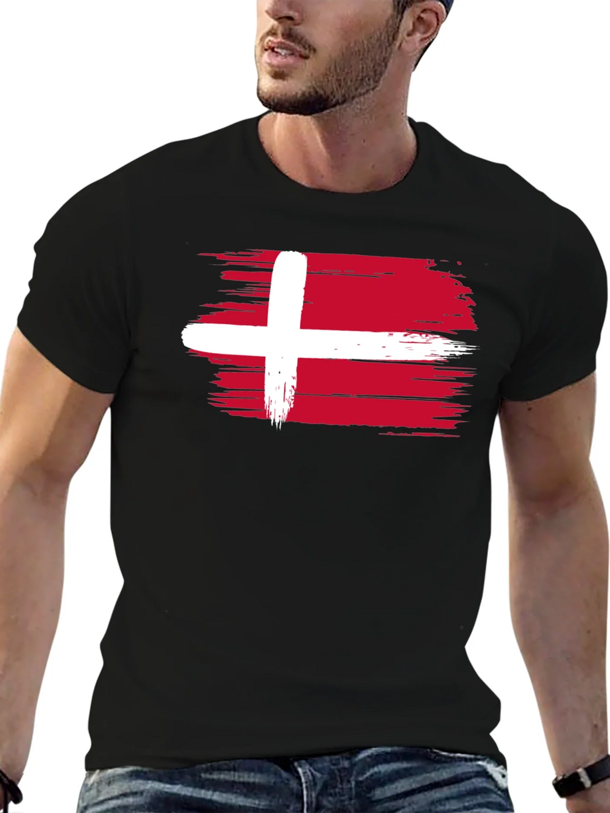 Denmark Flag T-Shirt - Black Crew Neck Tee