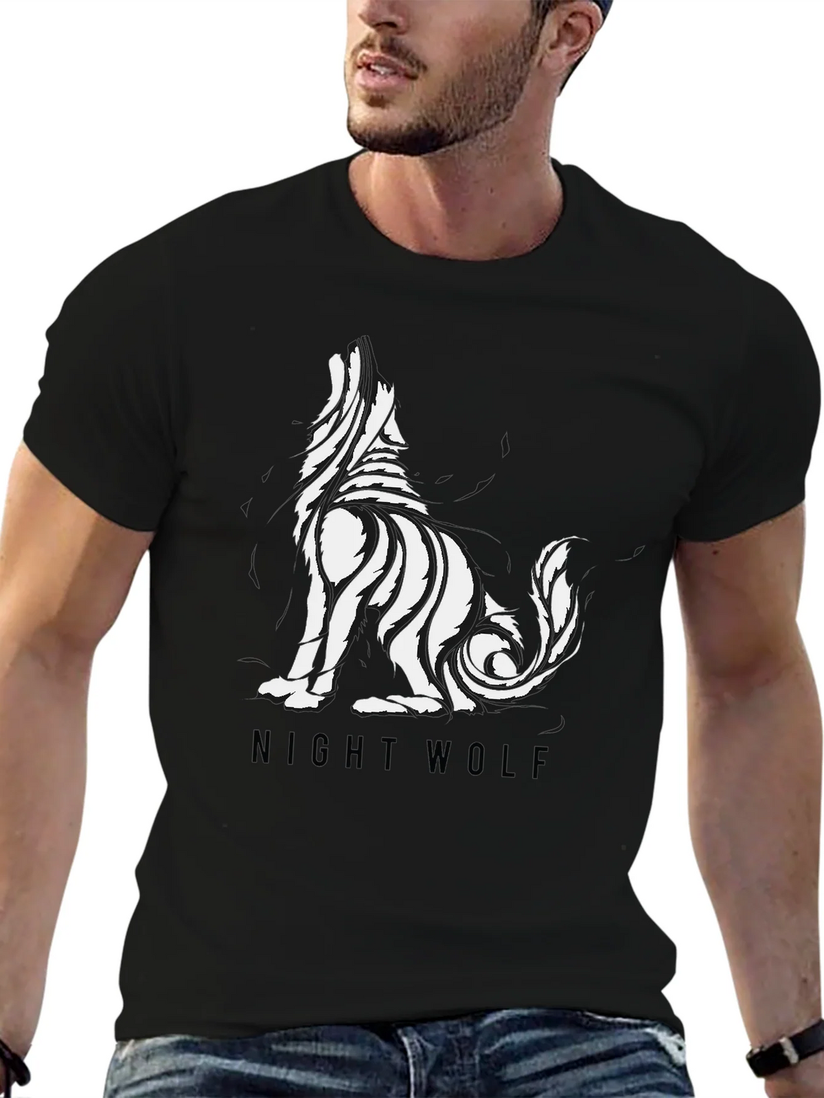 Mens Black Night Wolf Graphic Tee