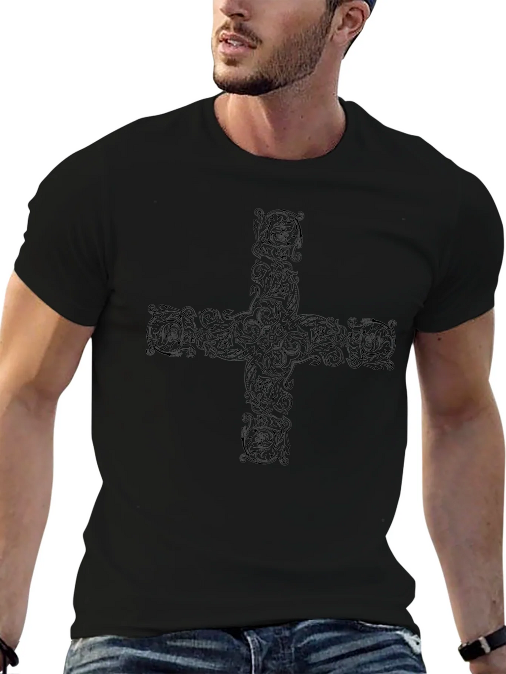 Ornate Cross Graphic Black T-Shirt