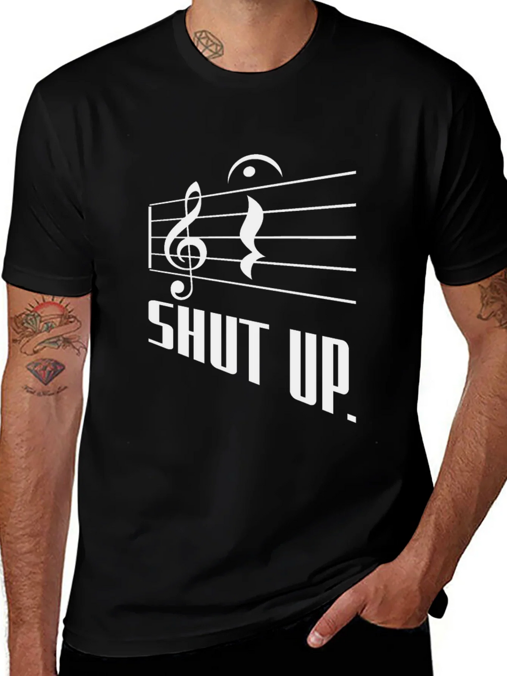 Shut Up Music Notes Graphic Black T-Shirt