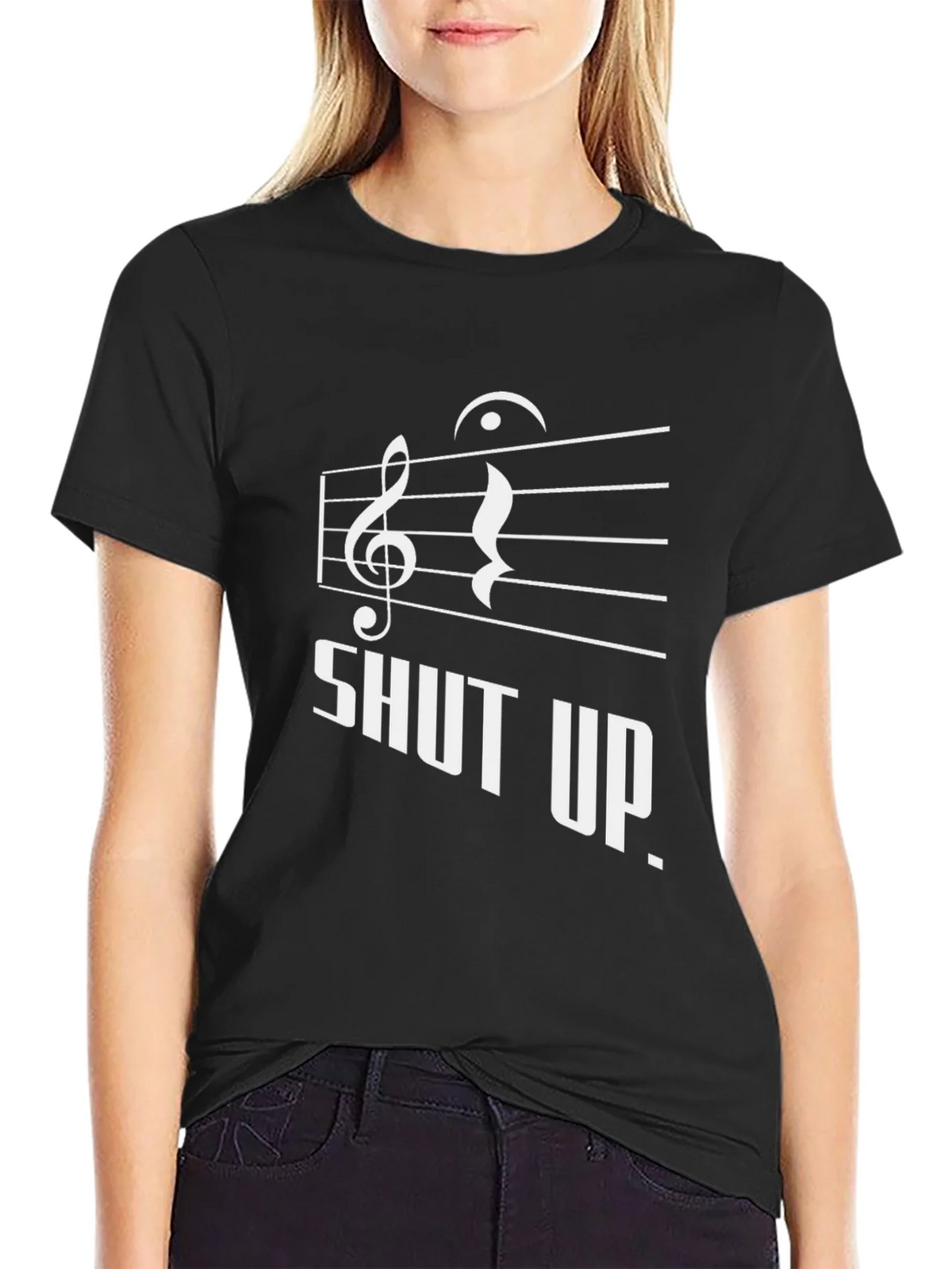 Shut Up Music Notes Graphic Black T-Shirt