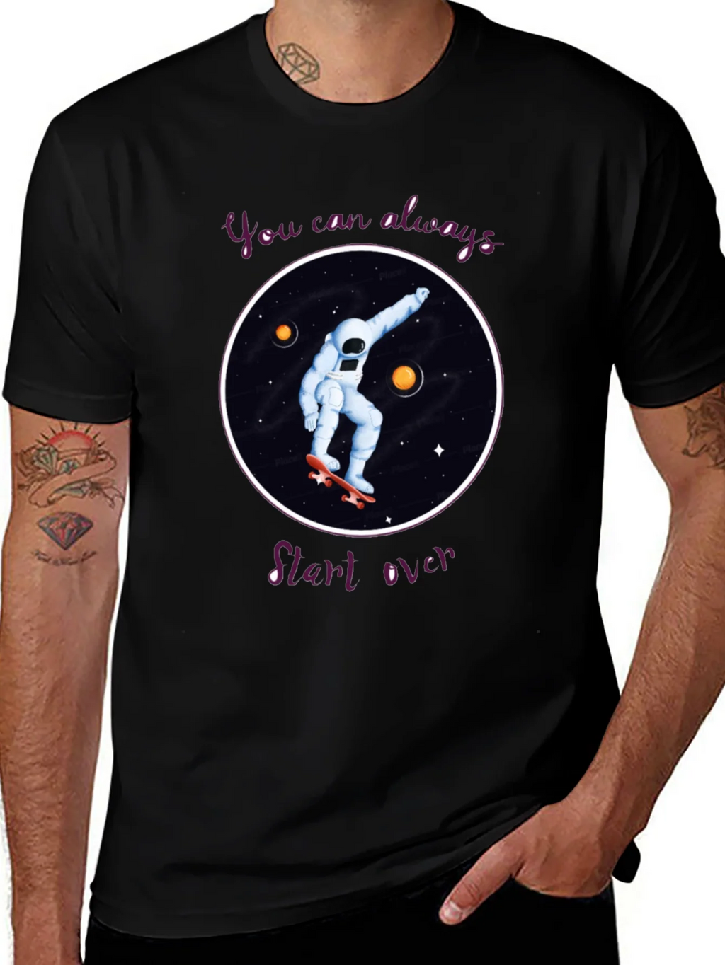 Skateboarding Astronaut T-Shirt - You Can Always Start Over