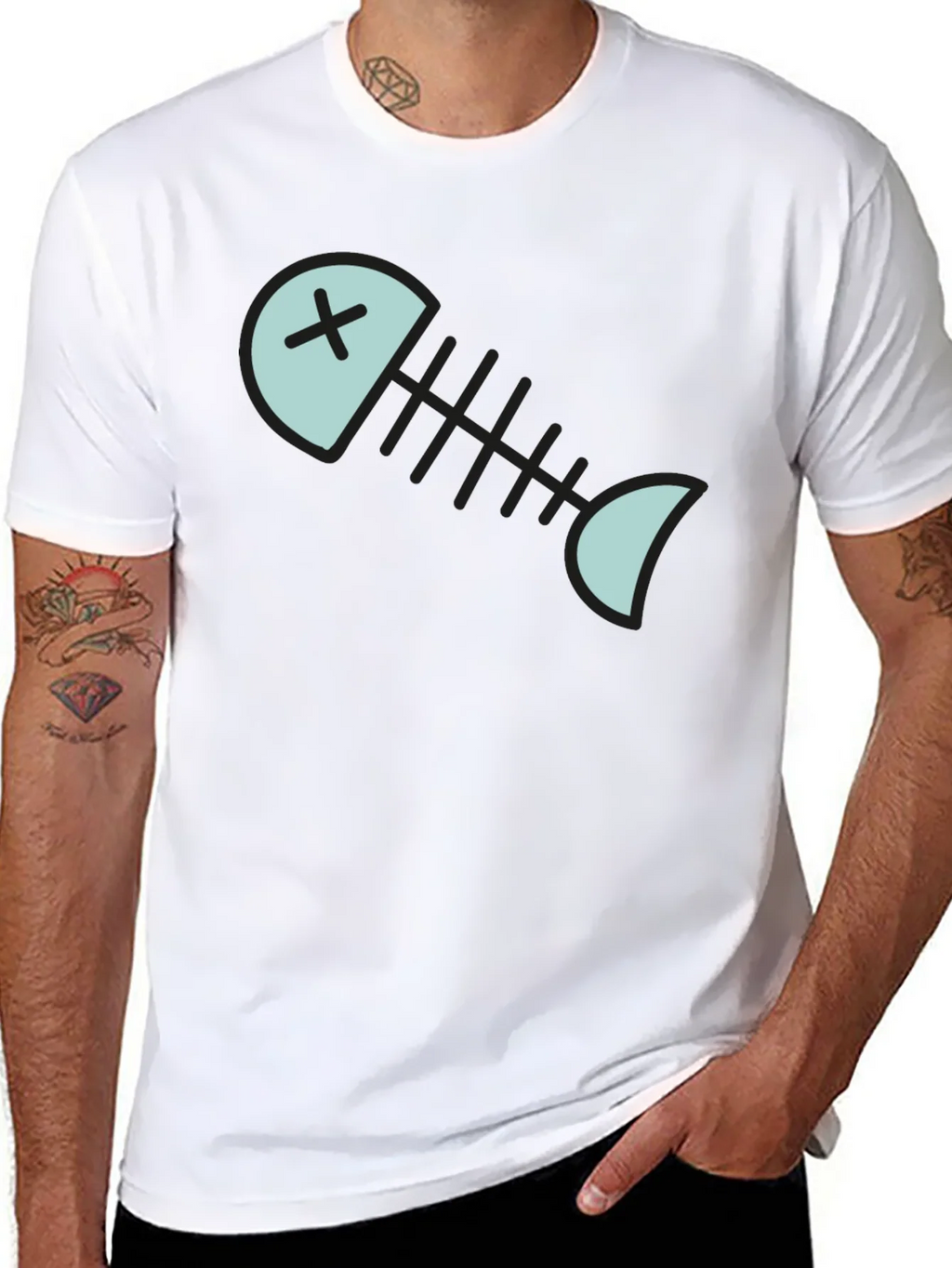 Cartoon Fish Skeleton Graphic Tee - Black