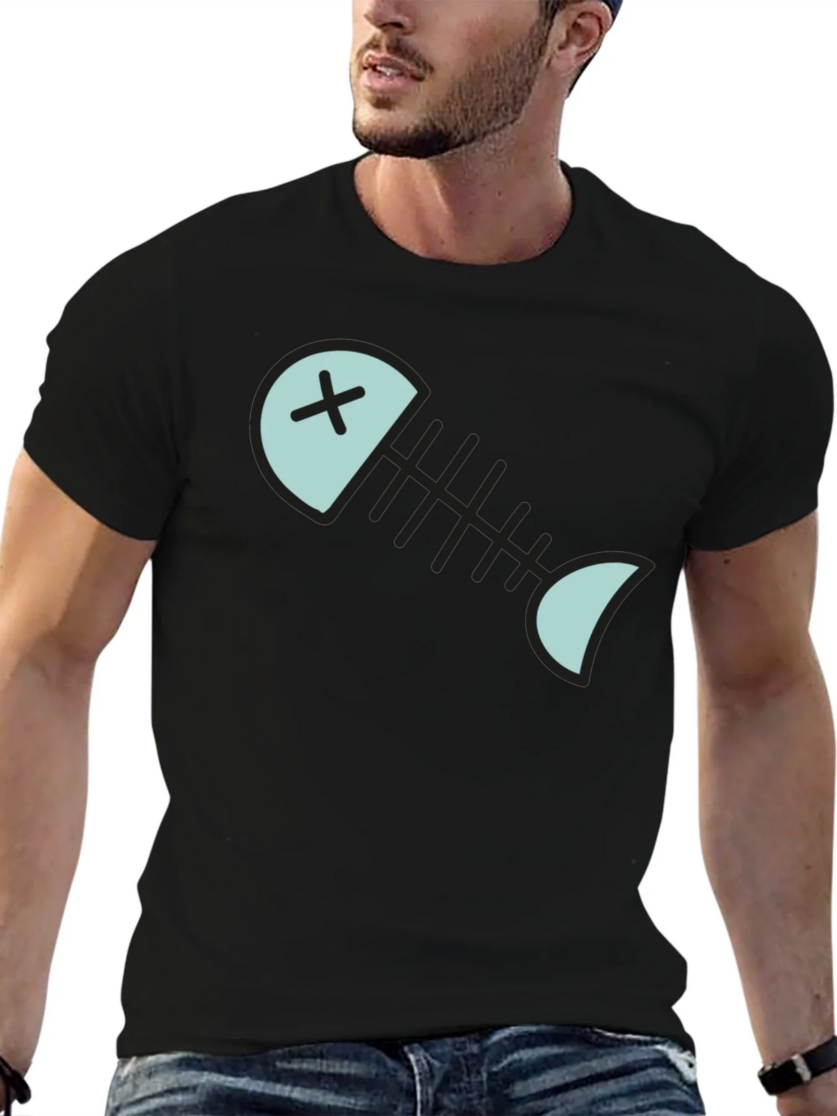 Cartoon Fish Skeleton Graphic Tee - Black