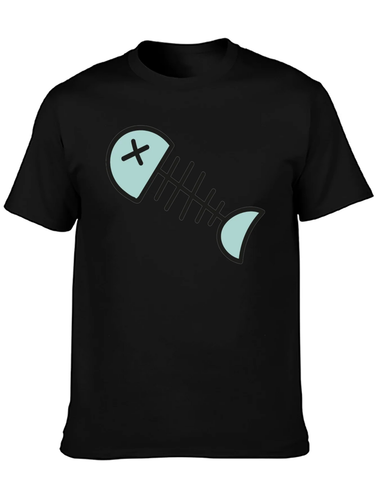 Cartoon Fish Skeleton Graphic Tee - Black