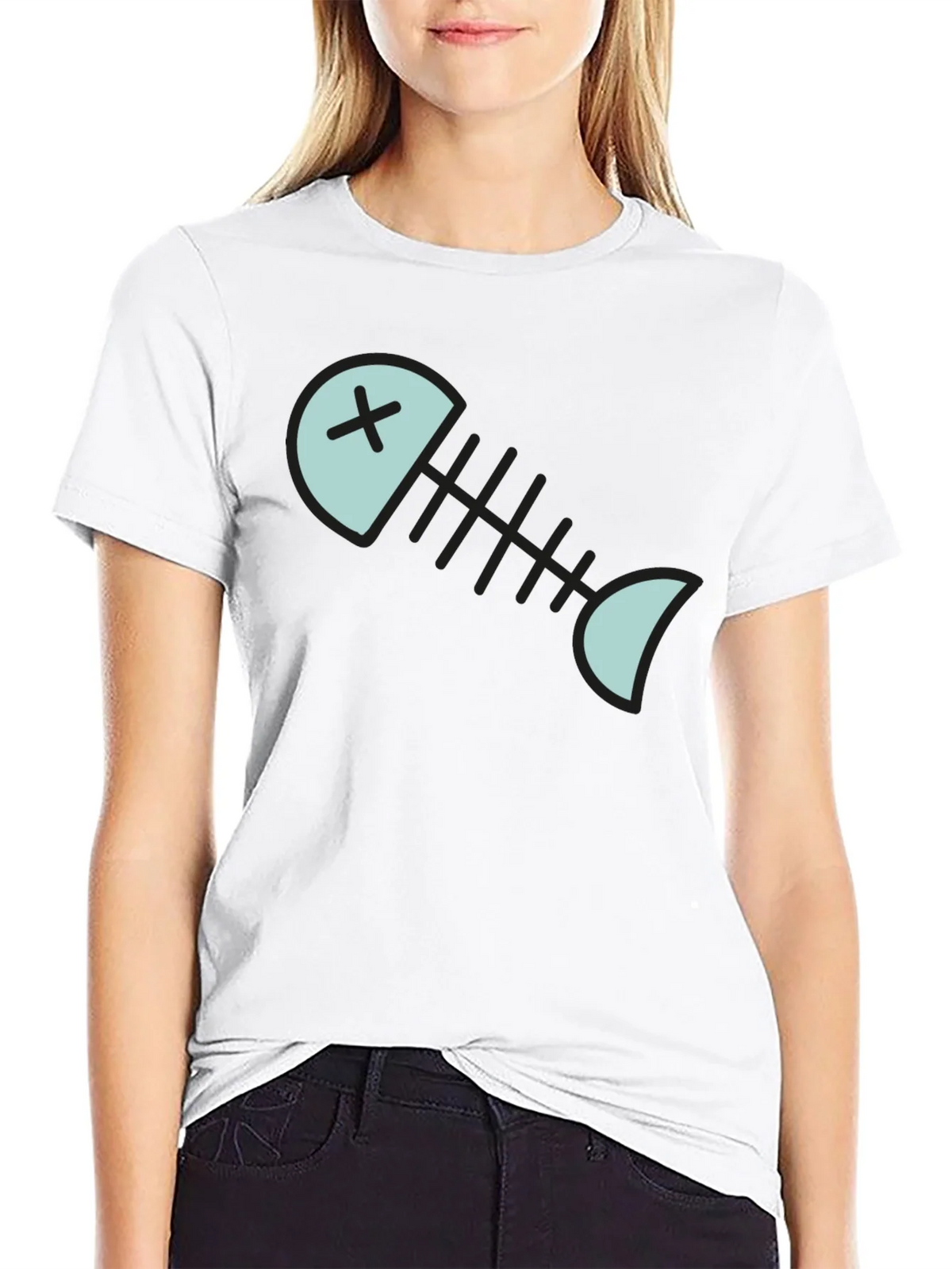 Cartoon Fish Skeleton Graphic Tee - Black