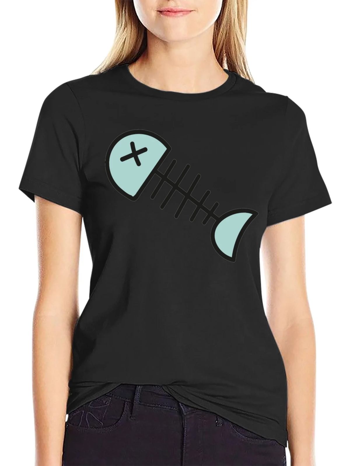 Cartoon Fish Skeleton Graphic Tee - Black