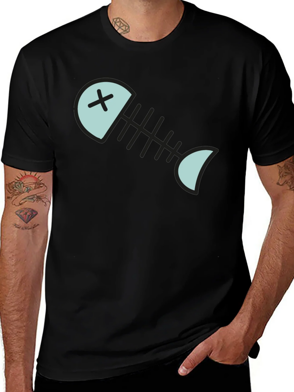 Cartoon Fish Skeleton Graphic Tee - Black