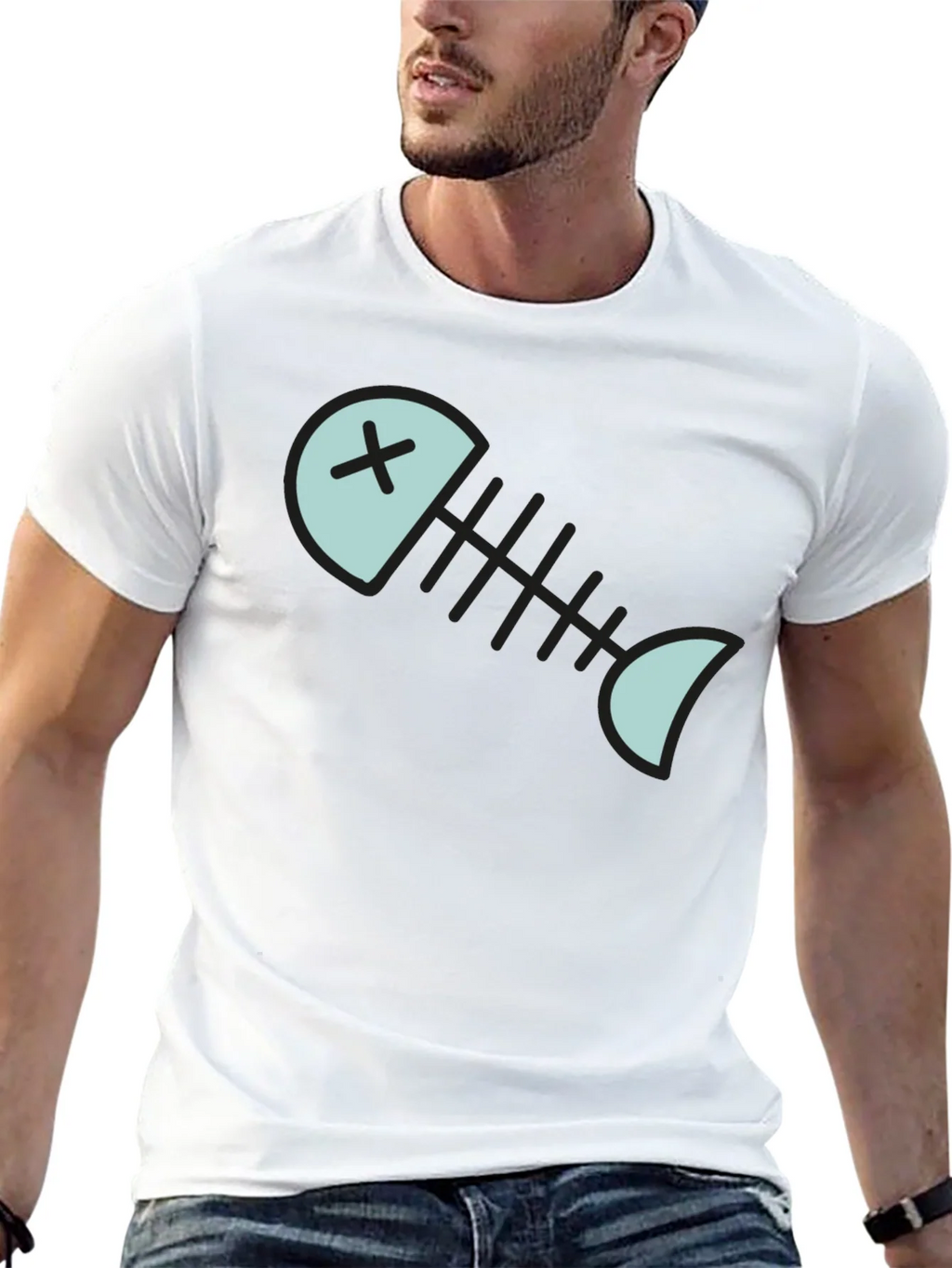 Cartoon Fish Skeleton Graphic Tee - Black