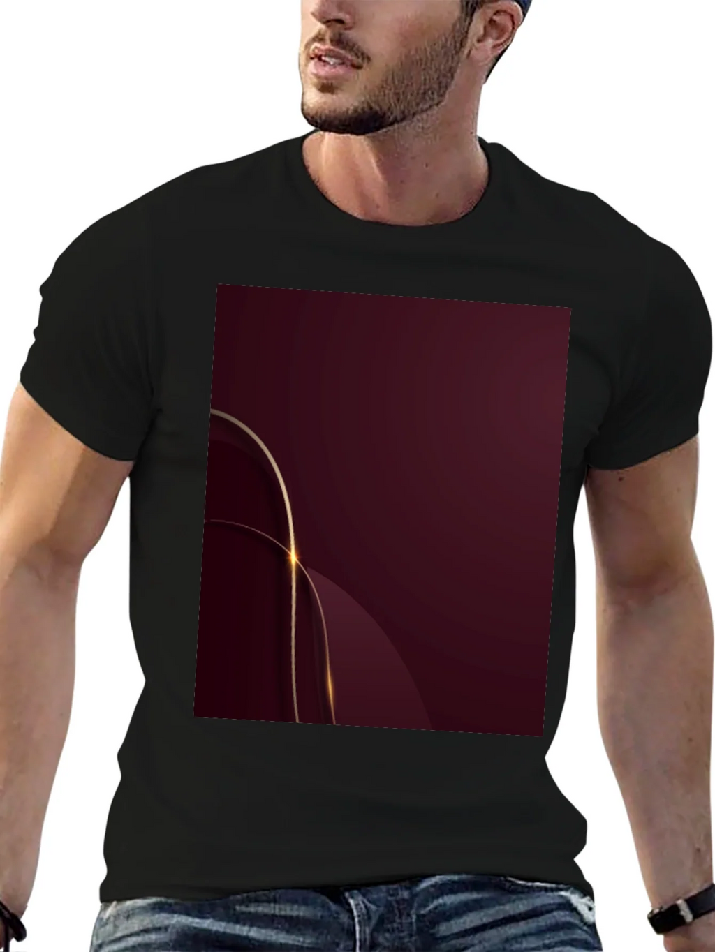 Stylish Black Tee with Abstract Burgundy & Gold Design