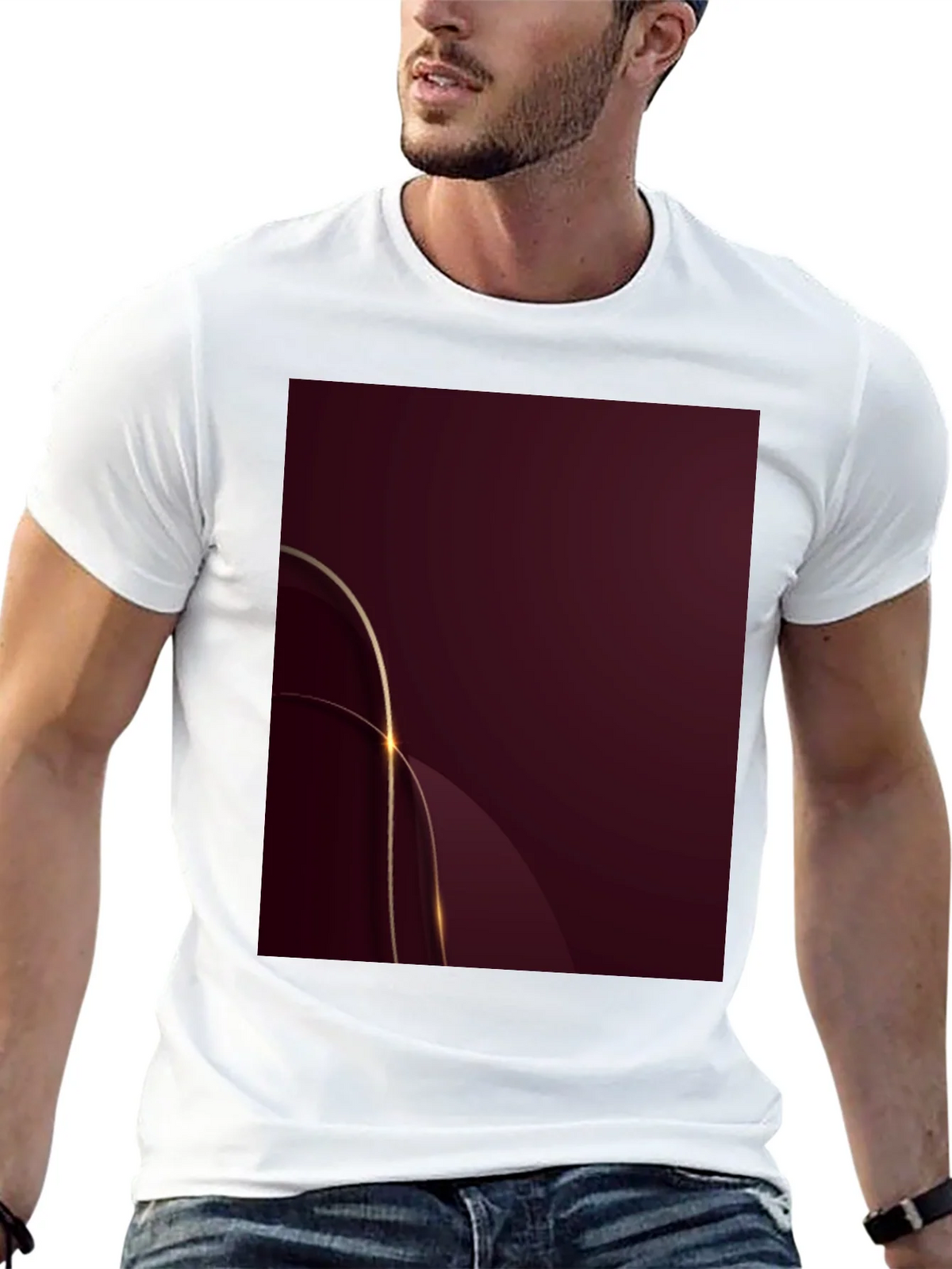 Stylish Black Tee with Abstract Burgundy & Gold Design