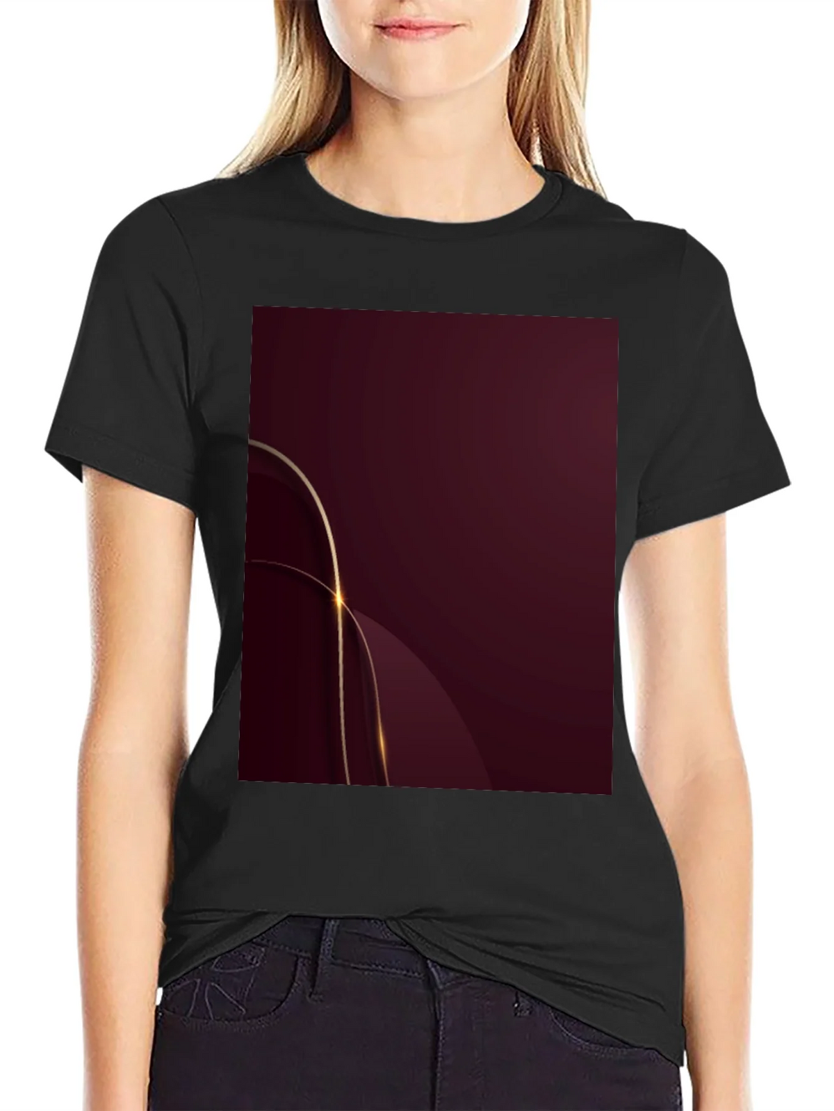 Stylish Black Tee with Abstract Burgundy & Gold Design