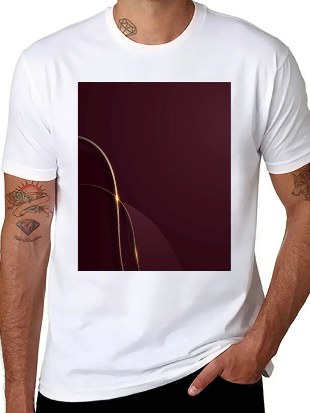 Stylish Black Tee with Abstract Burgundy & Gold Design