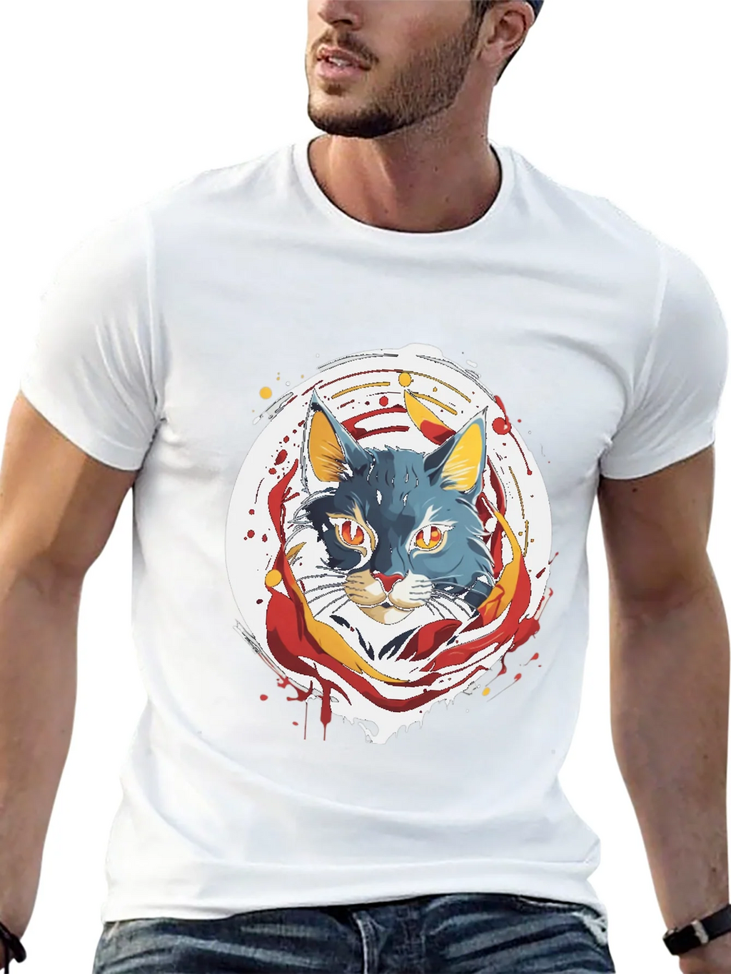 Artistic Cat Graphic Tee - Black
