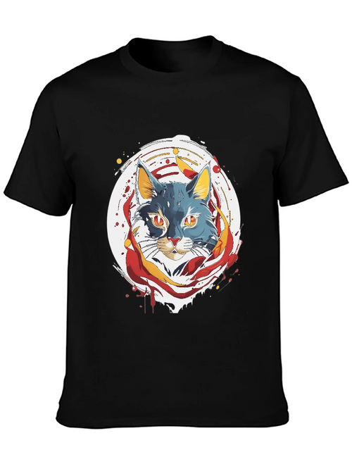 Artistic Cat Graphic Tee - Black