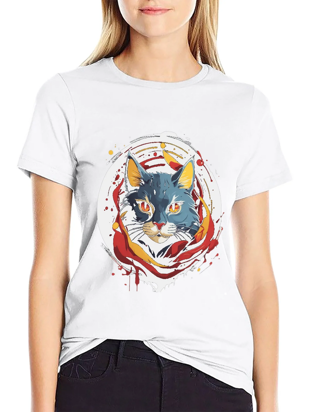 Artistic Cat Graphic Tee - Black