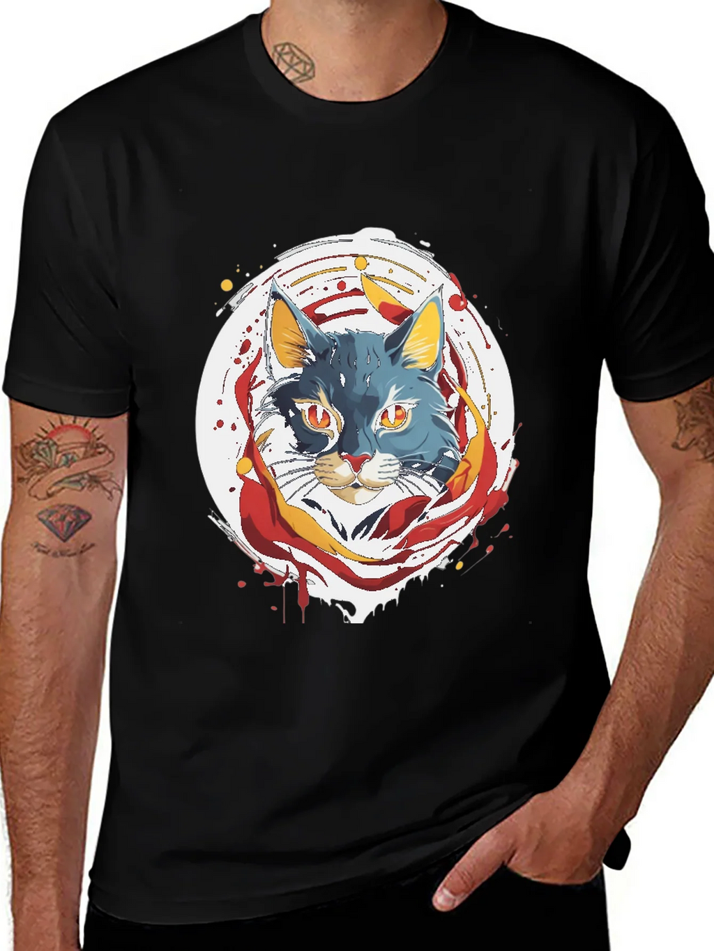 Artistic Cat Graphic Tee - Black