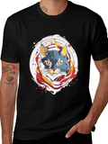 Artistic Cat Graphic Tee - Black