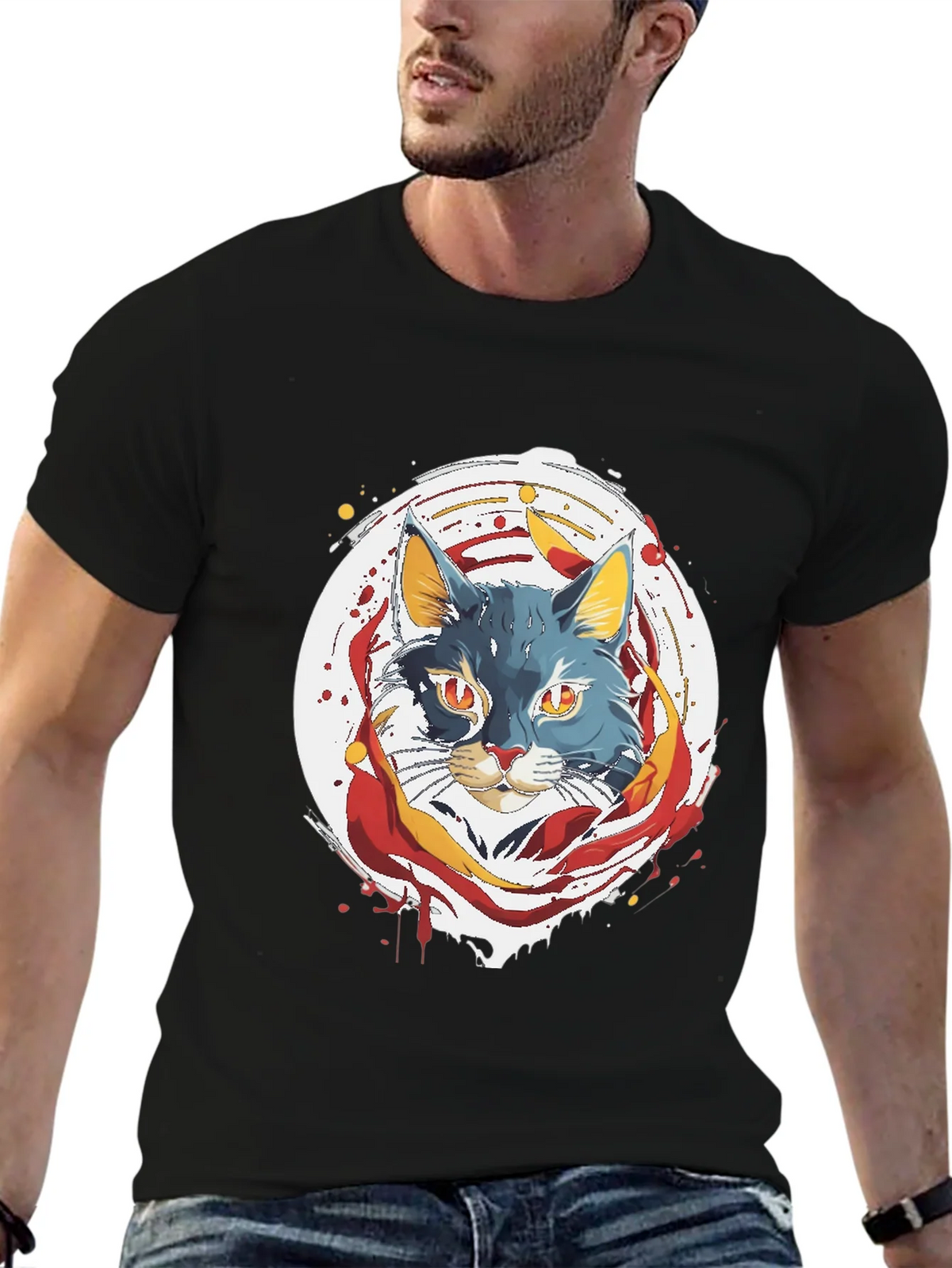 Artistic Cat Graphic Tee - Black