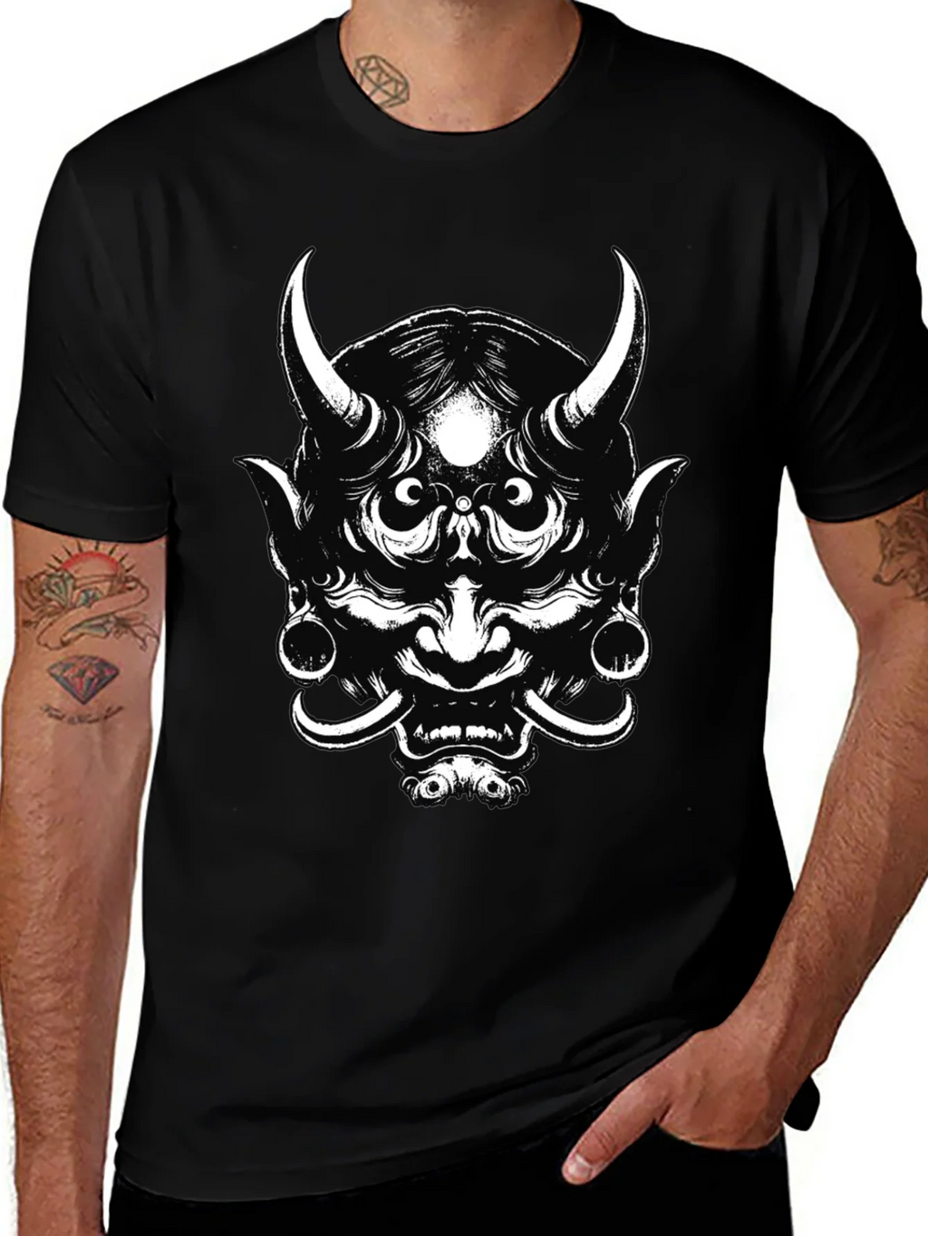 Mens Black Graphic Tee - Oni Mask Design