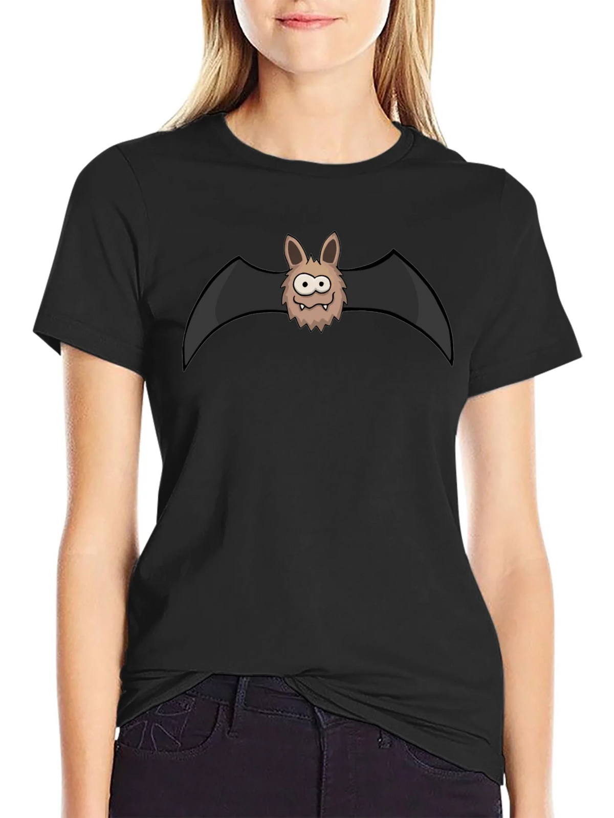 Funny Cartoon Bat Graphic Black T-Shirt