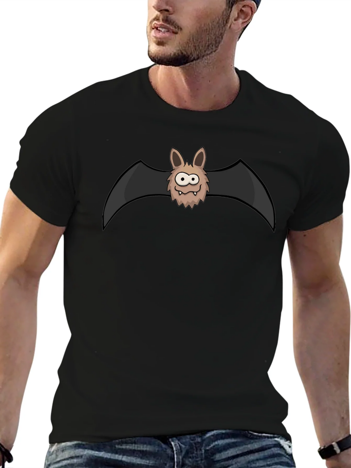 Funny Cartoon Bat Graphic Black T-Shirt