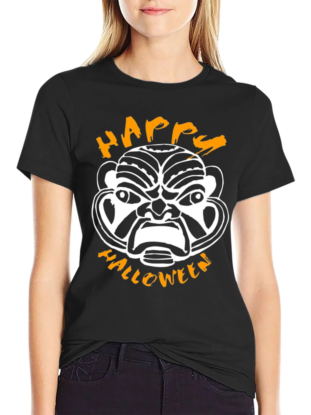 Happy Halloween Mask Graphic Tee - Black