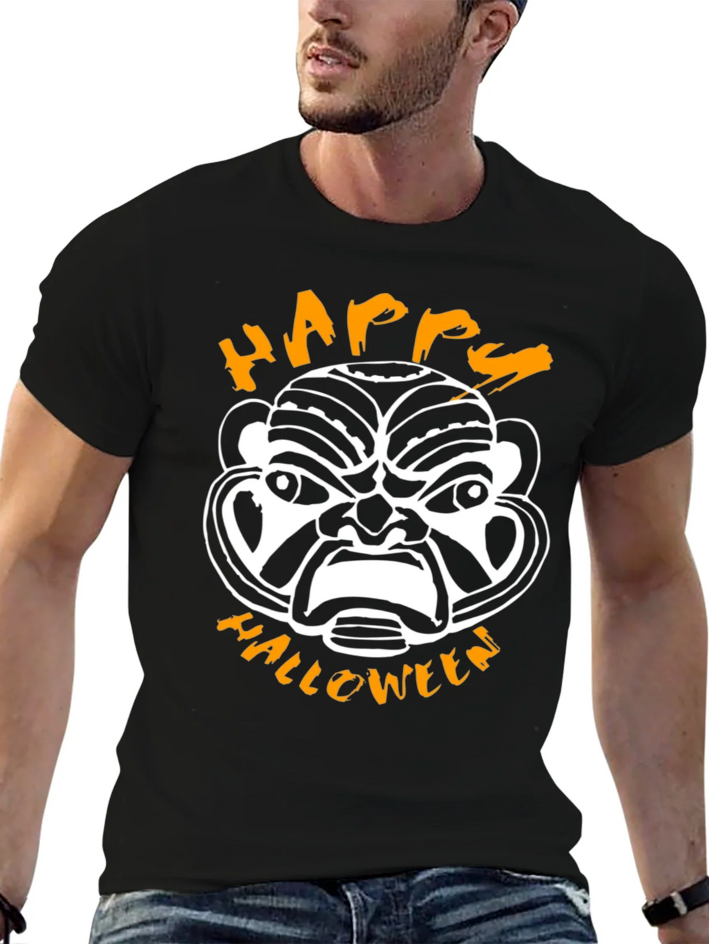 Happy Halloween Mask Graphic Tee - Black